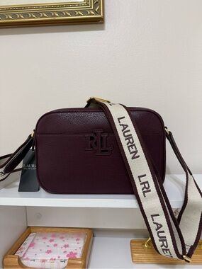 Ralph Lauren Burgundy Pebbled Leather Crossbody with Branded Canvas Strap